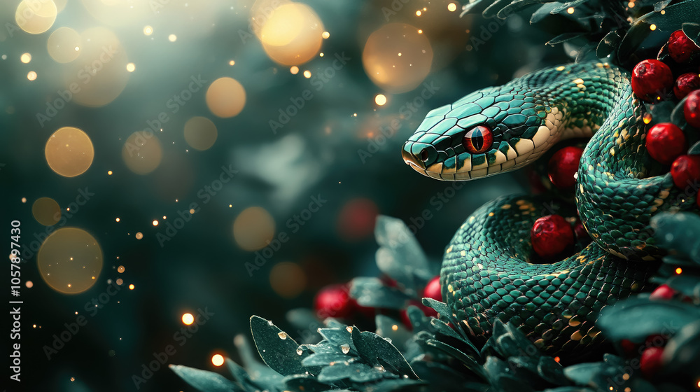 glossy emerald green graceful snake on right side of image on background of garlands, new 2025 year, symbol of year, chinese calendar, ixmas, celebration, reptile, holiday, postcard glossy emerald green graceful snake on right side of image on background of garlands, new 2025 year, symbol of year, chinese calendar, ixmas, celebration, reptile, holiday, postcard