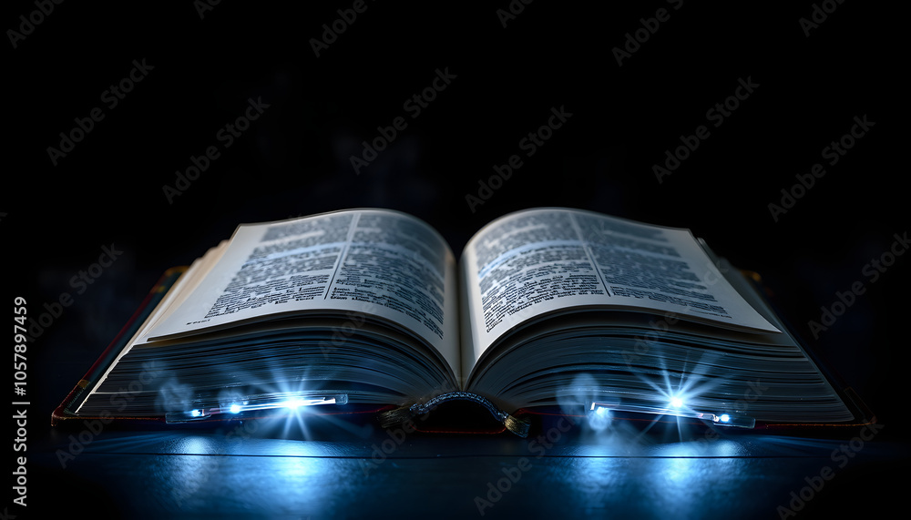 Fototapeta premium open magic book on a dark table. Magical glow of the book on a dark background isolated with white highlights, png