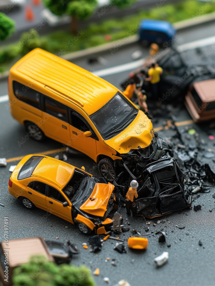 Miniature Car Accident Scene on Road with Emergency Response and Damaged Vehicles in Diorama Setting Miniature Car Accident Scene on Road with Emergency Response and Damaged Vehicles in Diorama Setting