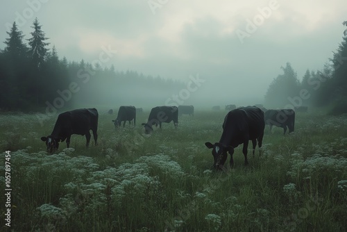 Cows grazing peacefully in a misty field at sunrise with vibrant colors in th...