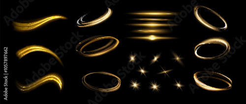 Starlight effect set and spotlight. Glow isolated white transparent light effect set, glitter, line, sun flash, dust, stars, sunlight, spotlight, swirl, spiral, portal or tunnel