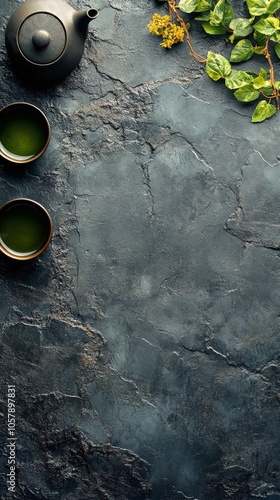 Tranquil tea setup with teapot and cups on a dark stone surface surrounded by...