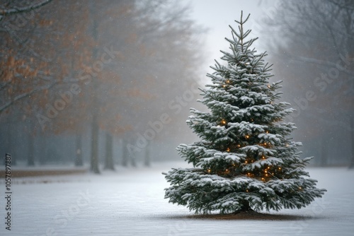 A beautifully decorated Christmas tree stands in the snow with festive orname...
