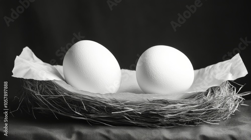 Decorative blue and white spotted eggs arranged in a row against a pastel bac...