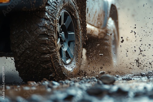 Off road vehicle kicking up dirt on a rugged trail during bright daylight