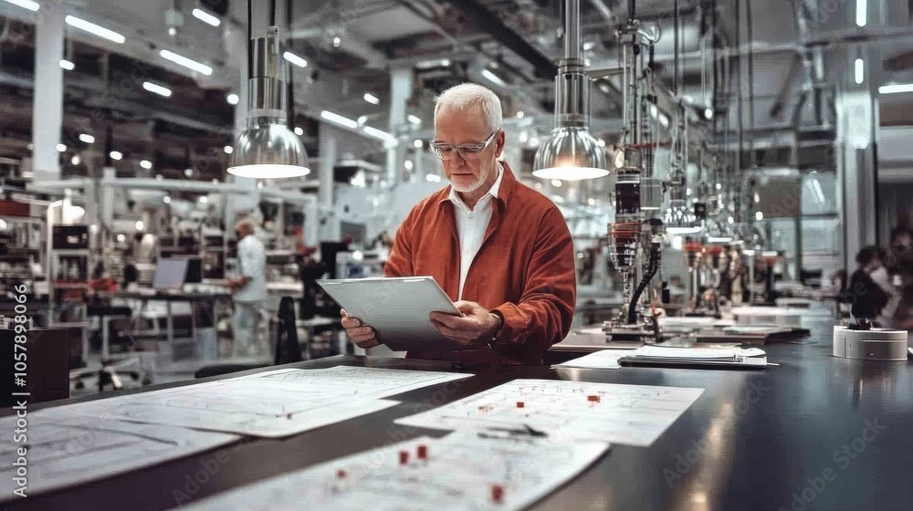 senior factory worker examining blueprints on a digital tablet in modern industrial facility. senior factory worker examining blueprints on a digital tablet in modern industrial facility.