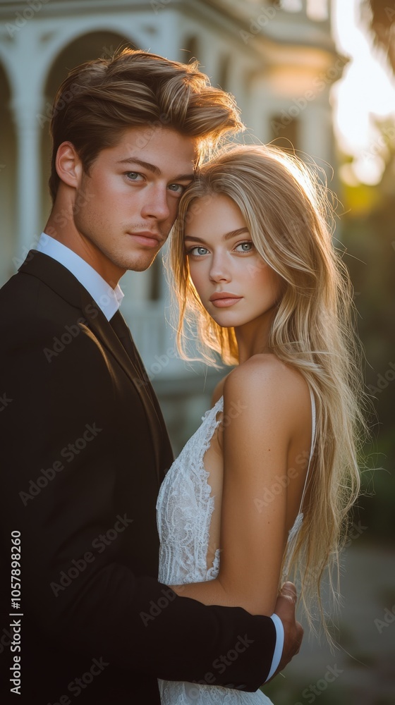 A couple sharing an intimate moment during golden hour in a charming outdoor setting A couple sharing an intimate moment during golden hour in a charming outdoor setting