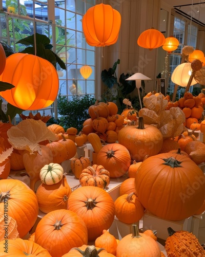 A pile of bright orange pumpkins in a light and stylish room.