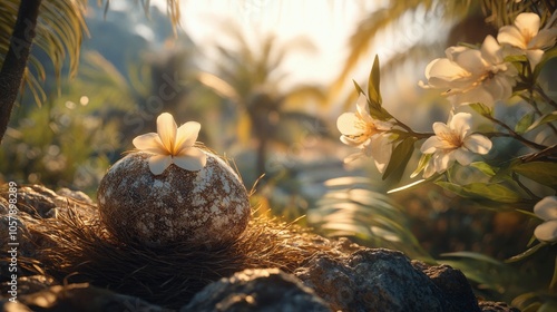 Sunlight illuminating a stone surrounded by flowers in a tropical garden at s...
