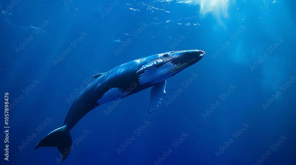 Obraz premium A majestic blue whale glides gracefully through the deep blue ocean. The sunlight filters through the water, illuminating the whale's enormous body.