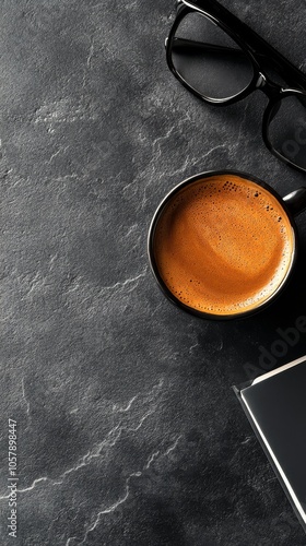 Warm coffee cups and glasses on a textured dark surface in a cozy setting