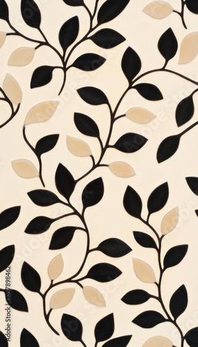 A seamless pattern of black and beige leaves on a cream background.