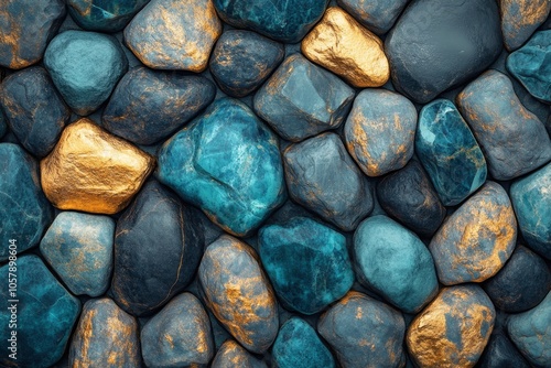 Colorful decorative stones arranged artistically in a mosaic pattern on a dar...