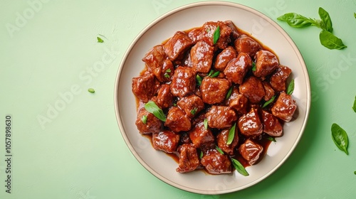 Tender beef chunks braised in a rich sauce garnished with fresh herbs on a br...