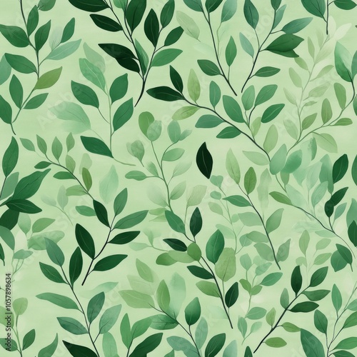 A seamless pattern of green leaves on a light background.