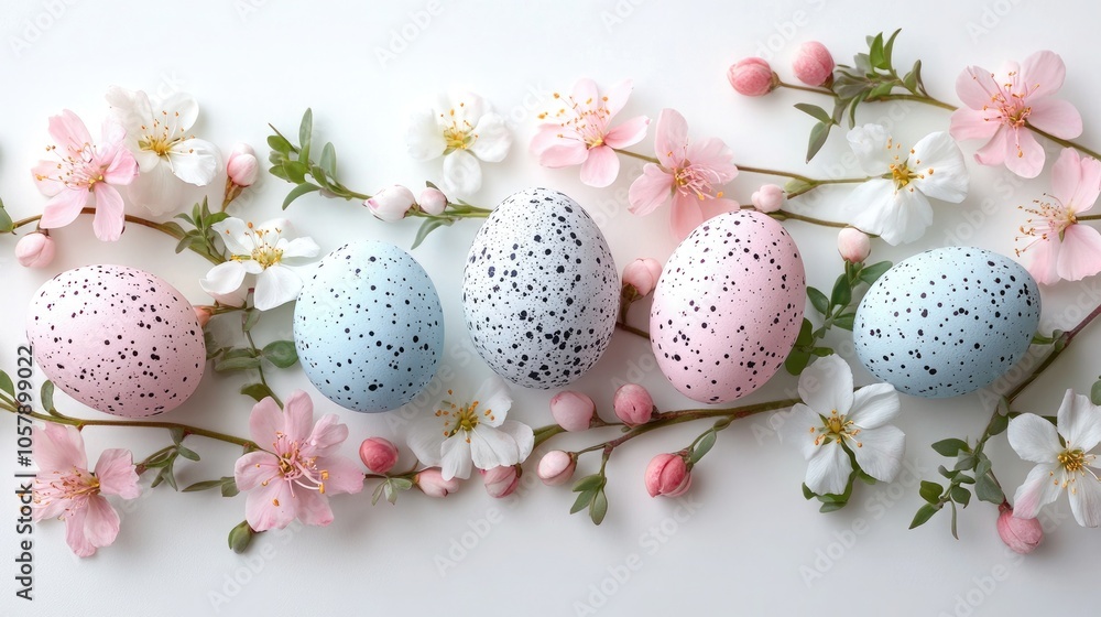Playful Pastel Easter Eggs with Speckled Designs and Pink and White Flowers, Set on a White Background for Cheerful Seasonal Decor and Festive Holiday-Themed Visuals Playful Pastel Easter Eggs with Speckled Designs and Pink and White Flowers, Set on a White Background for Cheerful Seasonal Decor and Festive Holiday-Themed Visuals