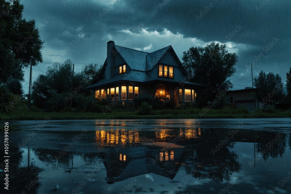 Obraz premium Powerful storm over house with glowing windows and mirrored reflections in puddles on a wet night