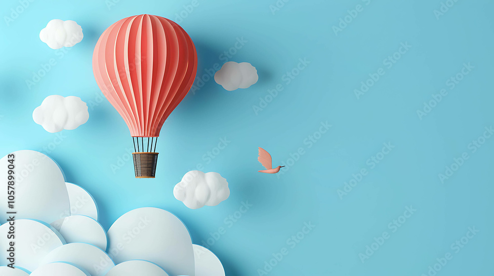 Fototapeta premium A hot air balloon floats through a clear blue sky. The balloon is red and has a wicker basket attached to it. There are some clouds in the background.