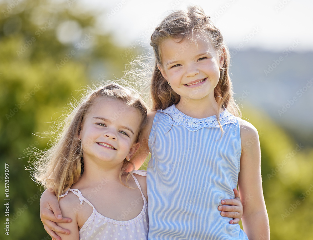 Fototapeta premium Smile portrait, sister and children hug in a park with love, care and family in summer outdoor in nature. Friendship, trust and bonding of happy female kids with embrace for fun, play and protection