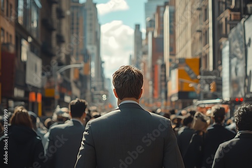 Blurry City Skyline with Man in Suit Walking