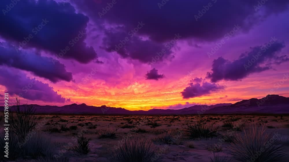 A breathtaking sunset over the desert, with vibrant purple and orange hues painting the sky A breathtaking sunset over the desert, with vibrant purple and orange hues painting the sky