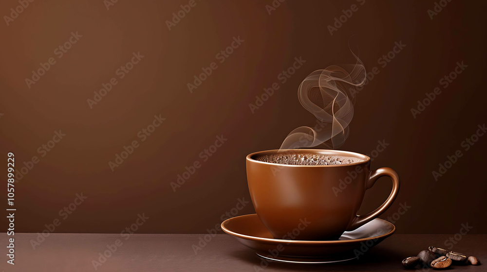 Obraz premium A closeup of a steaming cup of coffee on a brown background. The cup is brown and there is a saucer next to it.
