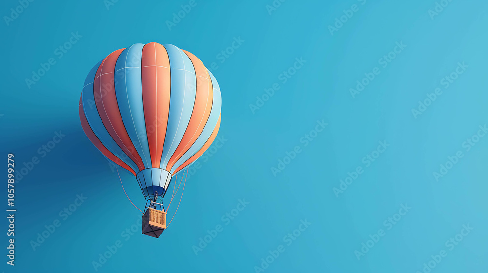 Obraz premium A lone hot air balloon floats through a clear blue sky. The balloon is red, yellow, and blue, and the basket is brown.