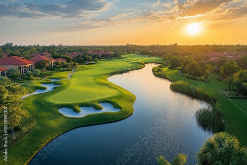 Scenic sunset over a lush golf course with water features and residential are...