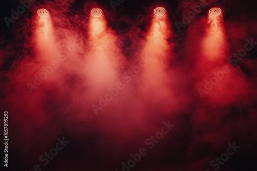 Vivid red stage lights illuminate a performance venue during an evening event