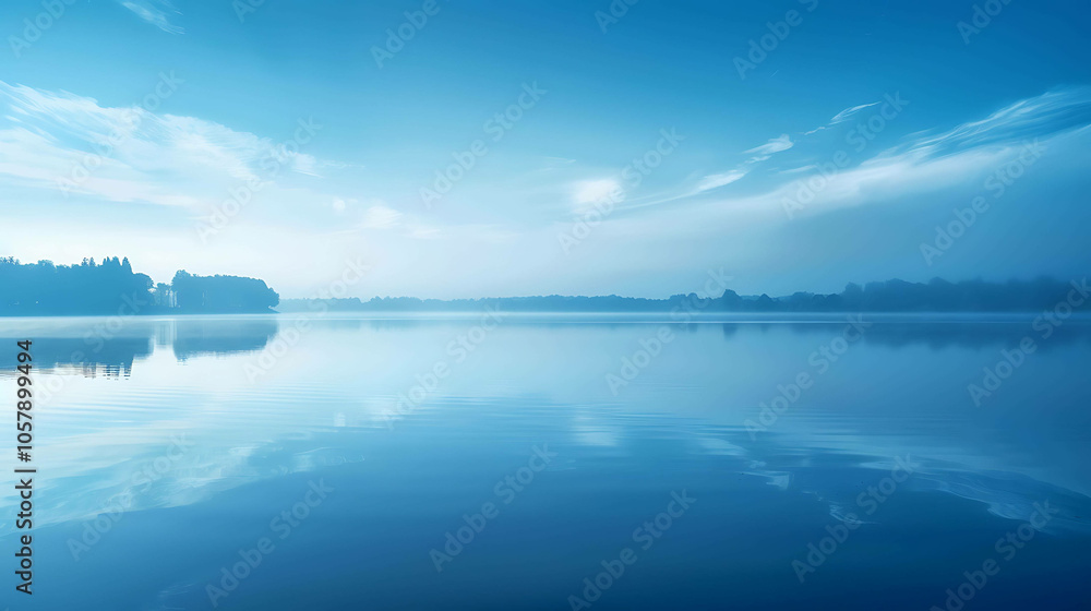 Fototapeta premium This is a beautiful misty lake at dawn. The still water reflects the sky above, creating a perfect mirror image.