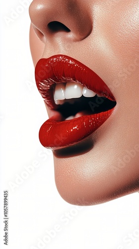 Close up of a womans lips adorned with bright red lipstick against a white ba...