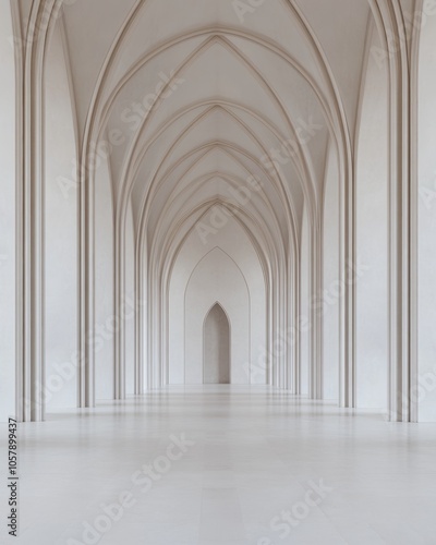 A serene architectural corridor with arched ceilings and minimalist design.