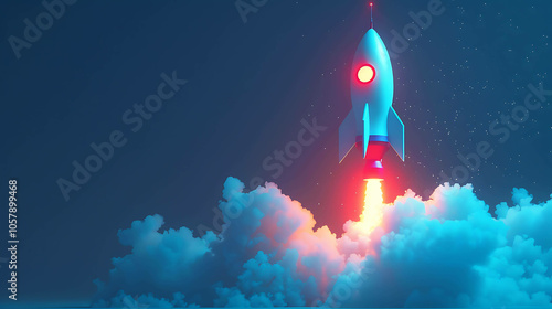 A rocket ship is launching from a cloud of smoke. The rocket is blue and white, with a red engine.