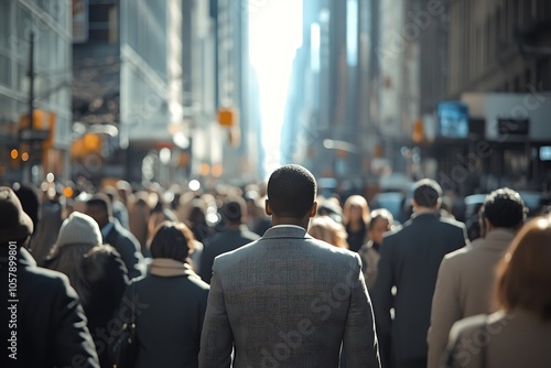 Businessman Walking in a City Crowd, Back View, Sunny Day