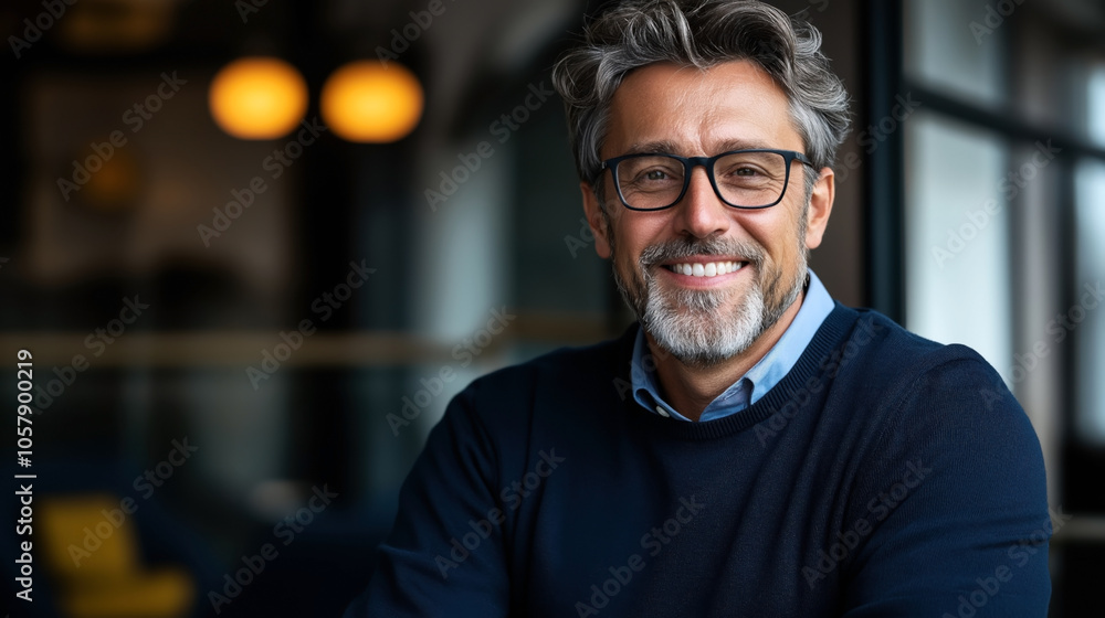 Middle-aged man with glasses and gray beard smiling indoors wearing a blue sweater against a blurred background with warm lighting. Middle-aged man with glasses and gray beard smiling indoors wearing a blue sweater against a blurred background with warm lighting.
