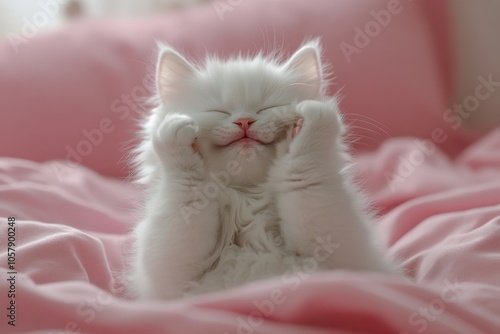 A fluffy white cat joyfully plays and relaxes on a pink bed with soft lights