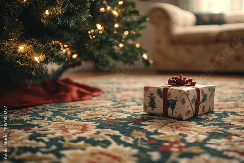 Festive Christmas present under the tree in a cozy living room decorated for ...