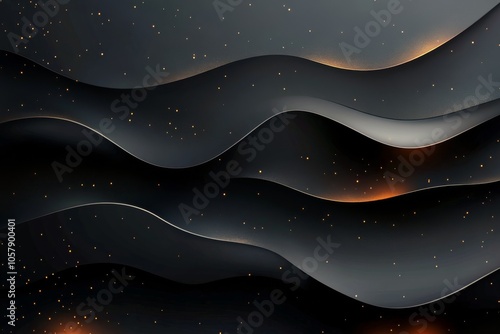 Black textured curves create a dynamic wave pattern on a dark surface in a mo...