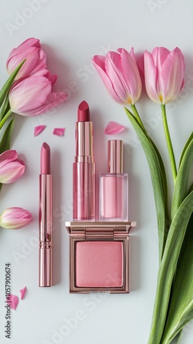 Pink tulips and makeup items arranged artfully on a white background for spri...
