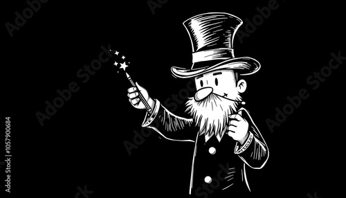 magician in top hat with magic wand isolated with white highlights, png