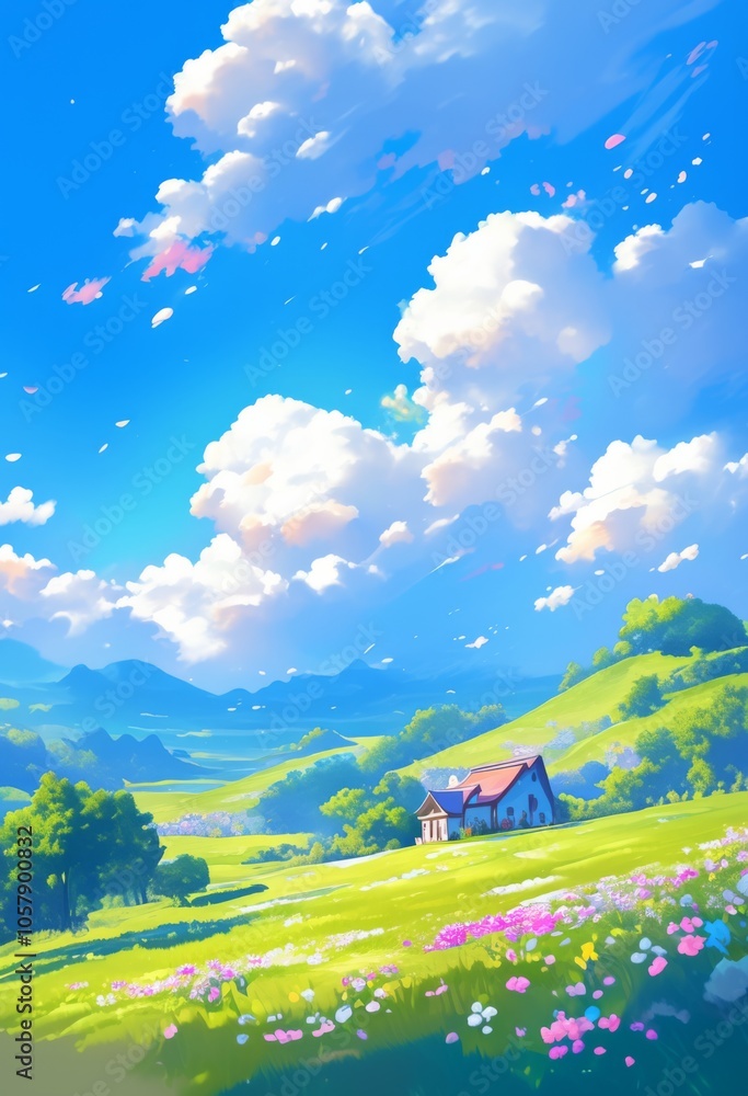 Obraz premium a bright blue sky adorned with fluffy white clouds. The scene showcases vibrant pink flowers blooming around a quaint house beside green grasslands and mountains 