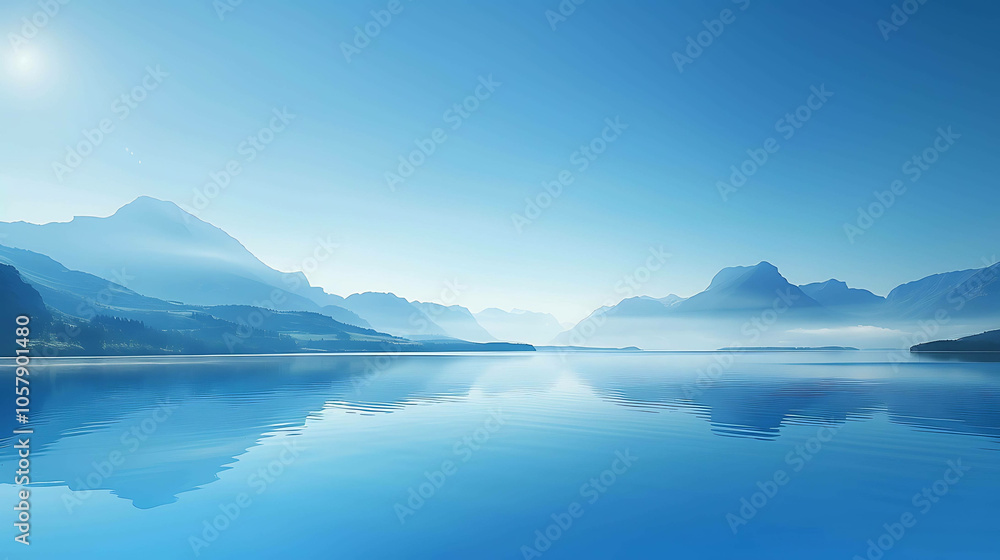 Tranquil lake and mountains in the distance with clear blue sky. The scene is peaceful and serene. The water is crystal clear. Tranquil lake and mountains in the distance with clear blue sky. The scene is peaceful and serene. The water is crystal clear.