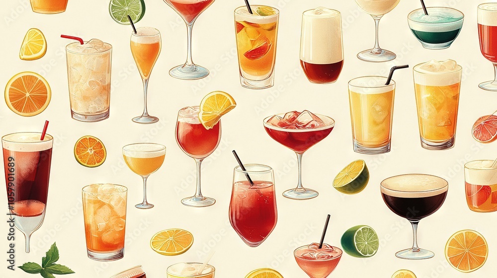 A white background showcases oranges, lemons, and limes in a painting of various drinks A white background showcases oranges, lemons, and limes in a painting of various drinks