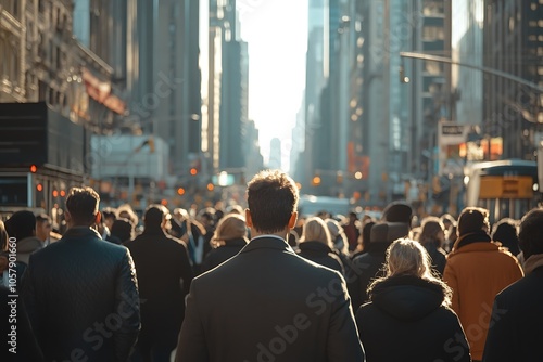 City Street Crowd Walking Backwards Into Sun Glare