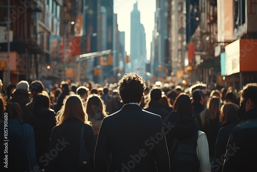 City Street Scene with Anonymous Crowd Walking