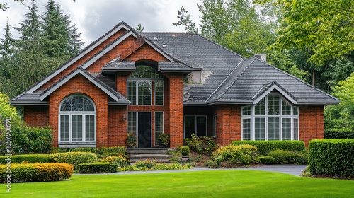 A modern brick house with large windows and a well-maintained lawn surrounded by greenery.