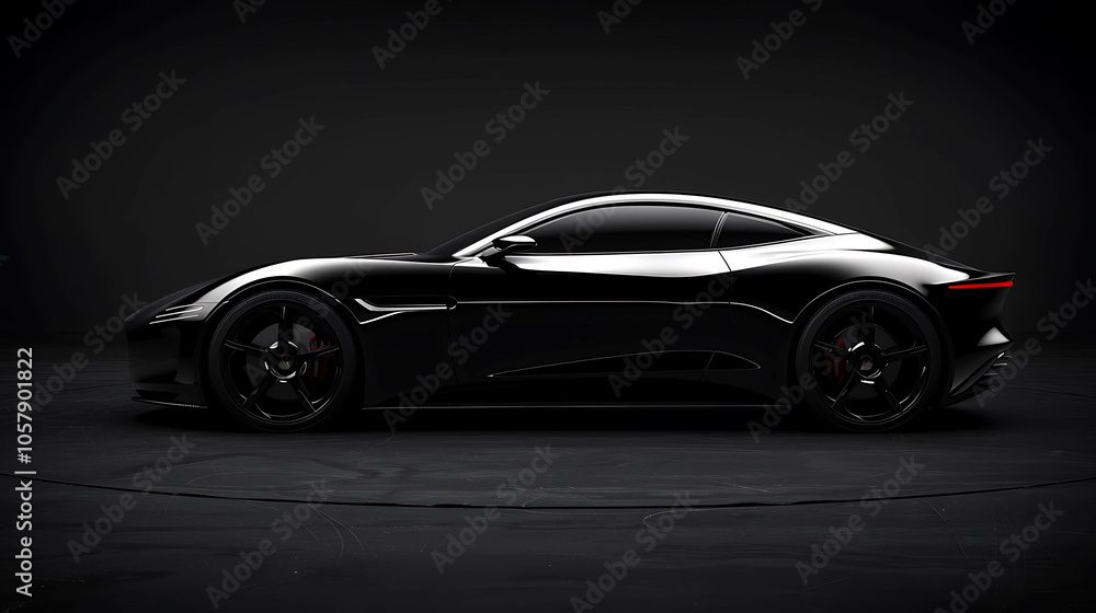 The image is a dark, sleek, and powerful-looking sports car. The car is shown in profile, with its wheels turned slightly to the right. The image is a dark, sleek, and powerful-looking sports car. The car is shown in profile, with its wheels turned slightly to the right.