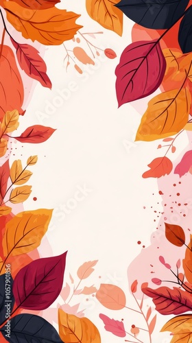 Colorful autumn leaves create a vibrant border on a light background for seas...