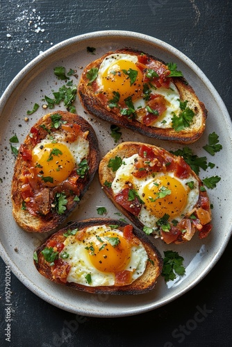 Delicious baked eggs nestled in bread cups topped with herbs on a rustic wood...