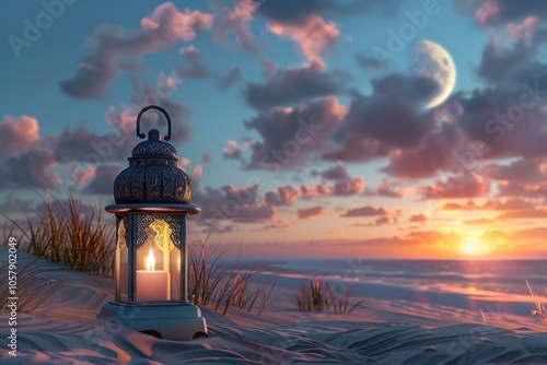 Islamic lantern and moon on beach  Ramadan and Eid celebrations photo